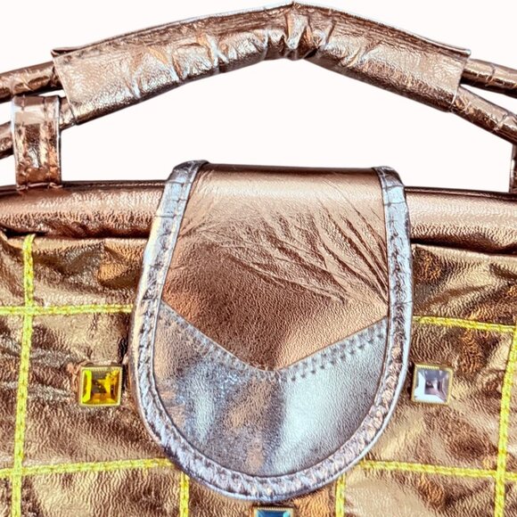 Vintage Baikal Gold Metallic Purse Retro Rhinestone Jewel Handbag Glam Party Bag - Picture 8 of 16